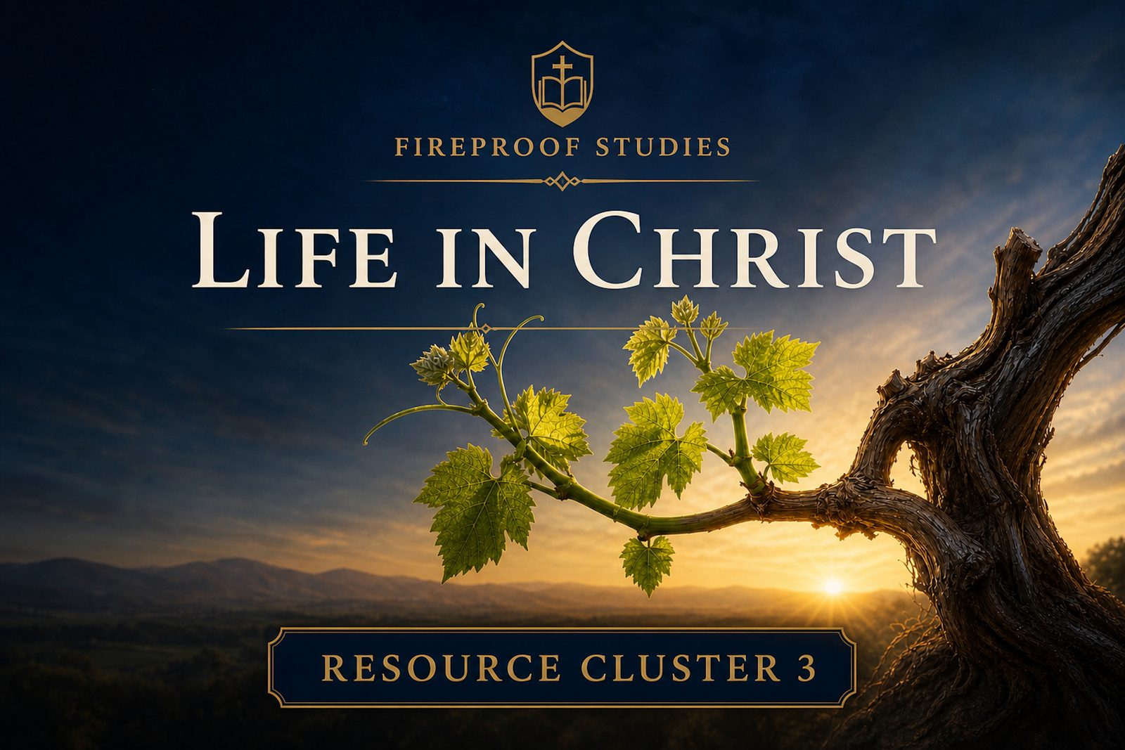Life in Christ: a living vine grafted into an ancient trunk at sunrise
