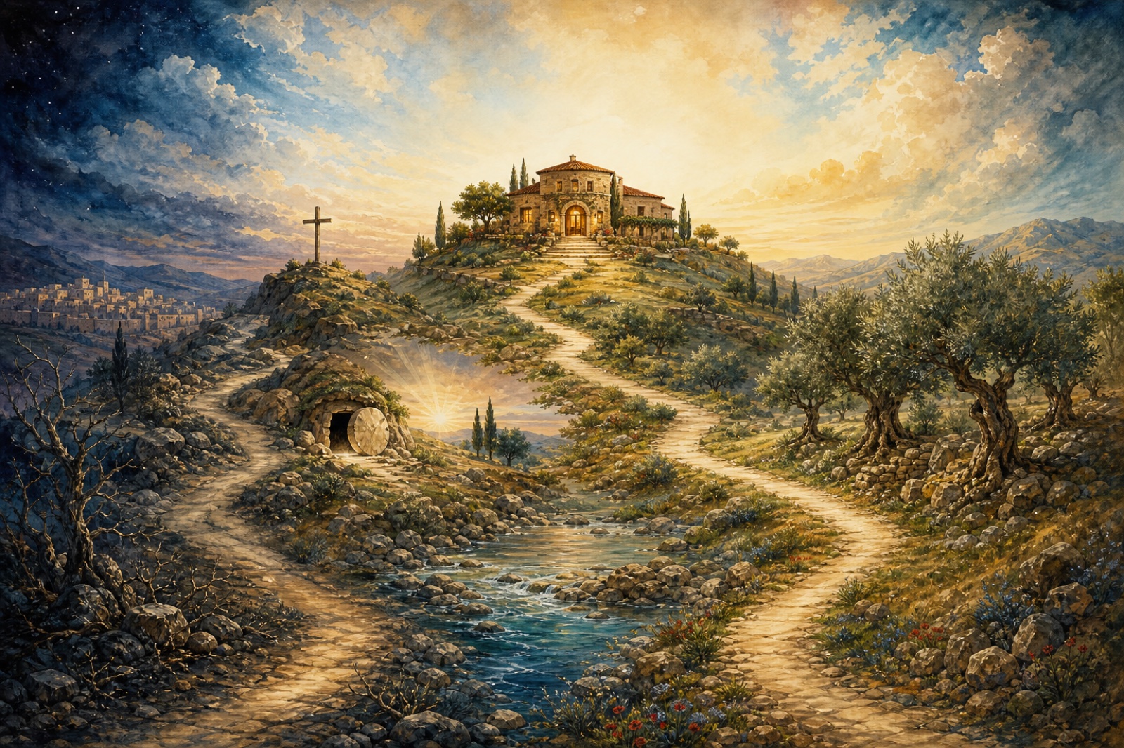 Two roads crossing a biblical landscape and converging at a welcoming house in the light